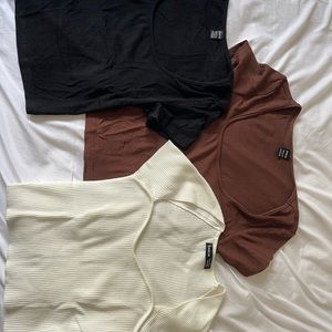 3 shein shirts. Size S, worn once, 1 sweetheart, 2 square, brown, purp, white